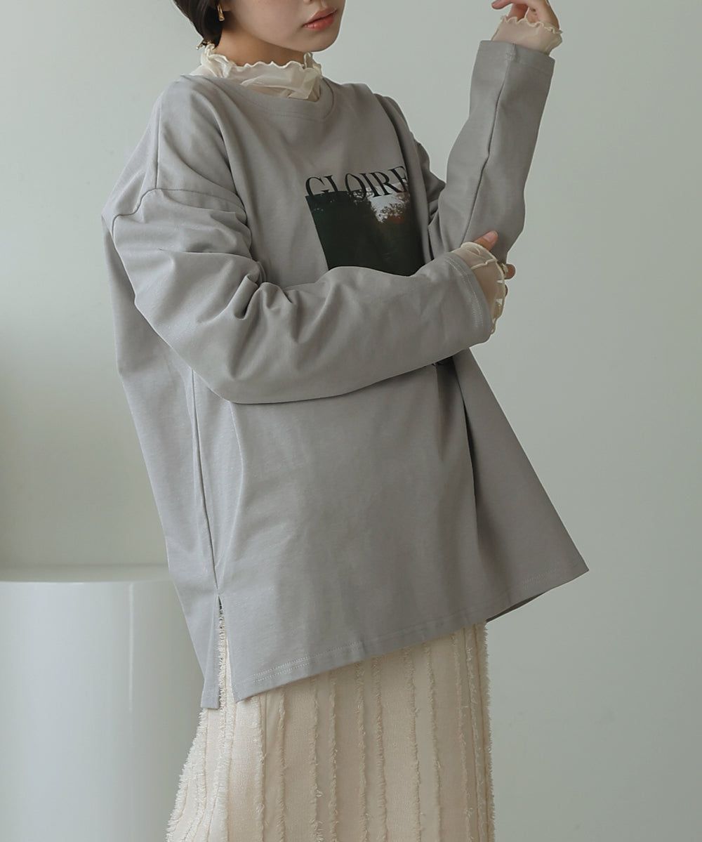 日本 Bab - 100%棉 寬鬆落肩印花長T-深灰