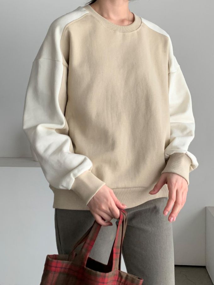 韓國女裝連線 - 撞色設計內磨毛大學T-卡其X米白 (FREE)