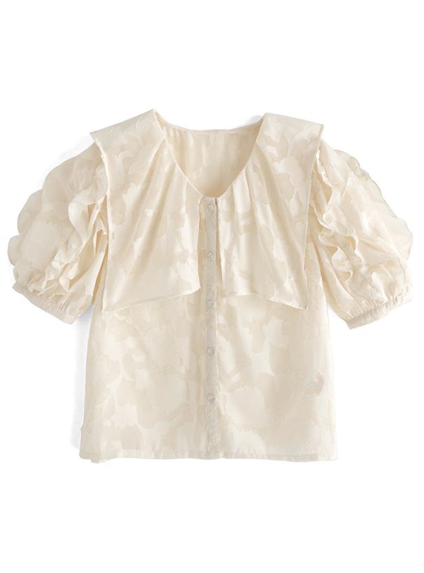 日本 GRL - 浪漫花刺繡荷葉捲邊短袖襯衫-奶油白 (F)