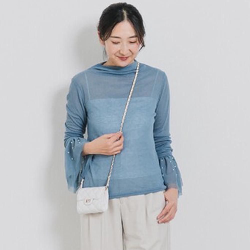 日本 ihuu - 透膚羅紋華麗珍珠荷葉袖上衣-藍