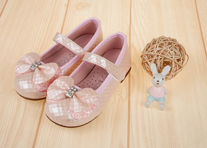 菱格紋典雅鑽飾蝴蝶結粉色兒童公主鞋