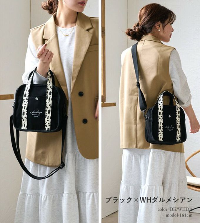 日本 LIZDAYS - 2way輕量文藝方形帆布小包-黑x斑點