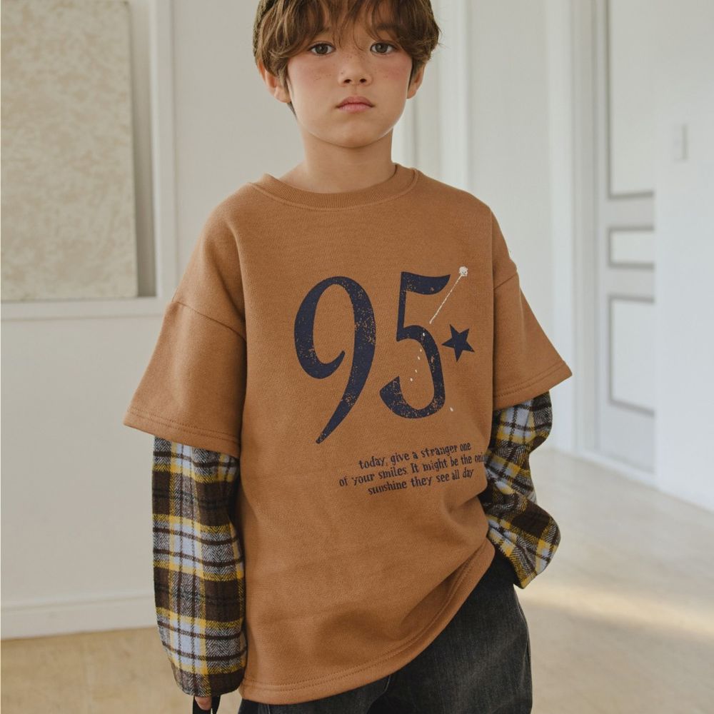 HIKIKI (內磨毛)復古刷色拼接格紋長袖上衣-奶茶