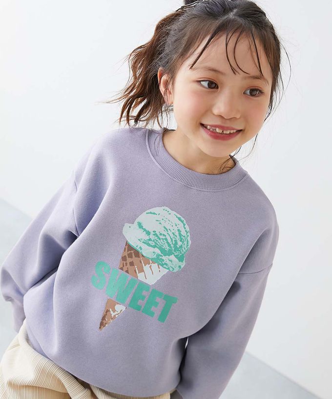 日本 devirock - 裏起毛女孩印花大學T-可麗露-燕麥白