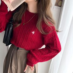 日本 Classical Elf - 刺繡logo 優雅學院風麻花針織上衣-紅