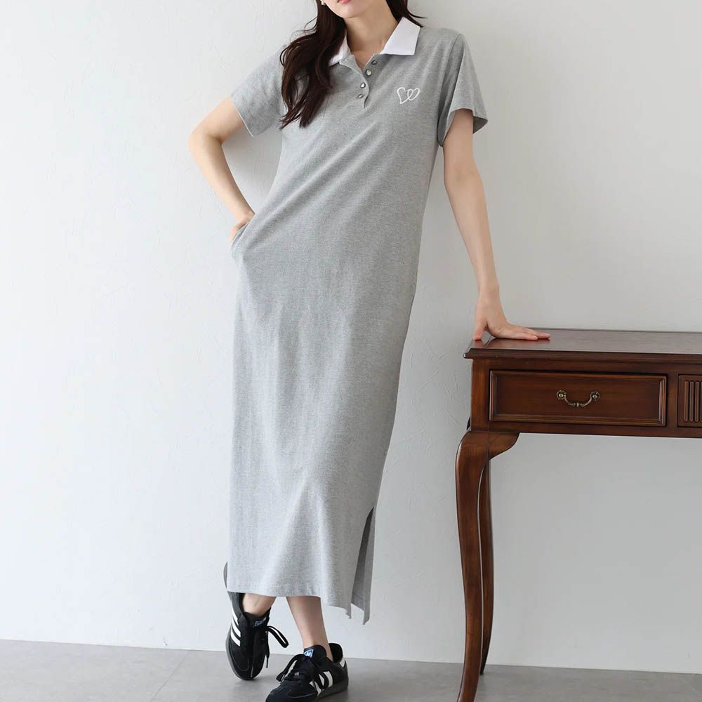 低調愛心刺繡polp衫短袖洋裝-灰 (M)