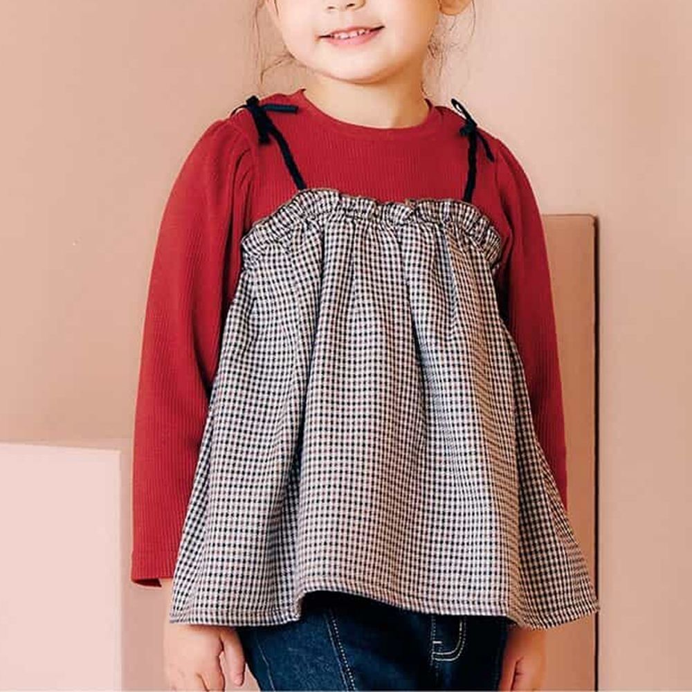 假兩件吊帶華夫格長袖上衣-格子-紅X棕