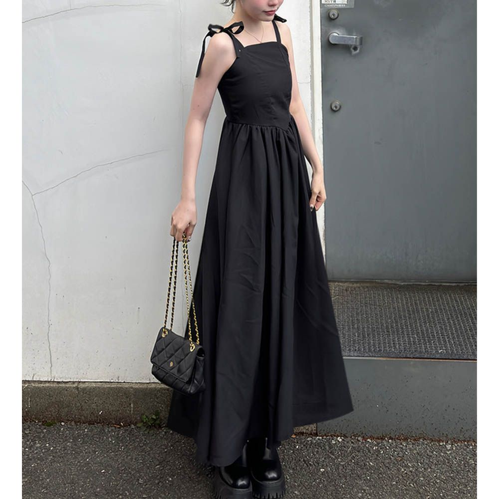 肩綁帶高腰甜美細肩帶洋裝-黑