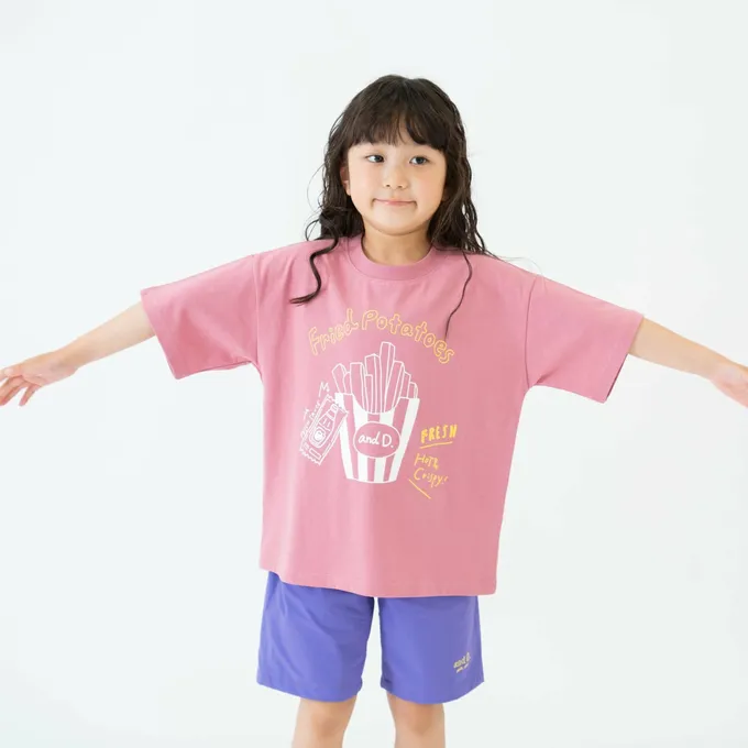 日本 petit main - 100%棉 塗鴉系食物印花短袖上衣-蘇打汽水-米杏