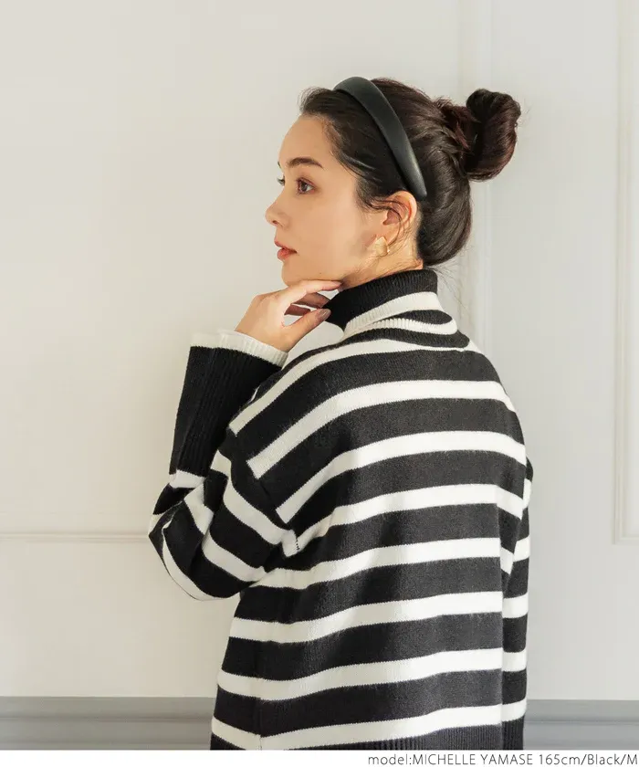 日本 COCA - 時尚條紋針織高領毛衣-白x黑