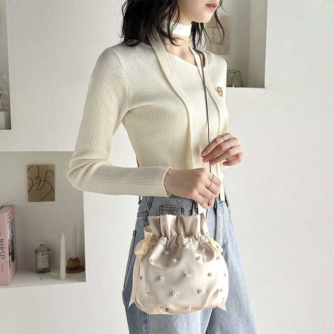 日本 Classical Elf - mily bilet 華麗緞面珍珠束口側背小包-象牙白