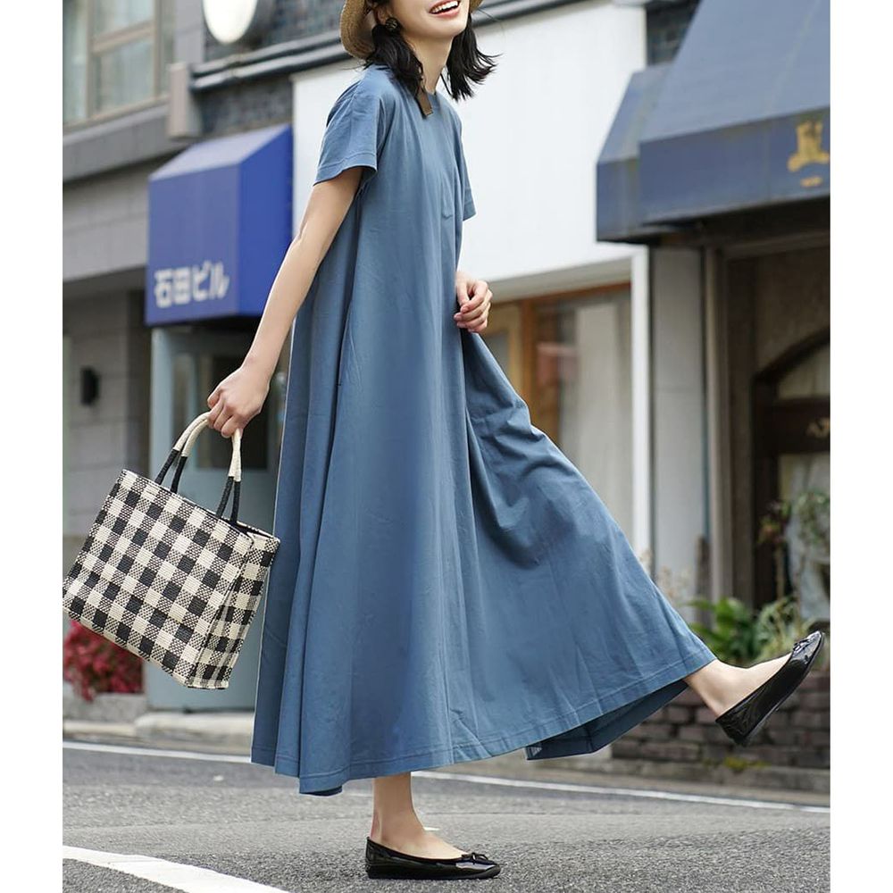 日本 zootie - 抗透汗 純棉修身短袖洋裝-圓領-煙燻藍