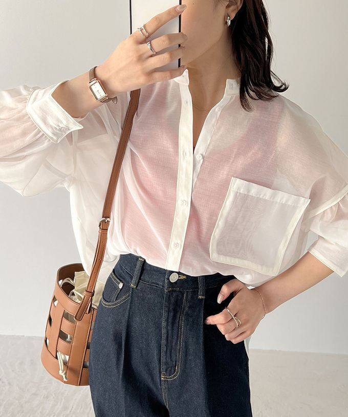 日本 Classical Elf - 優雅滾邊透膚感長袖襯衫-灰棕