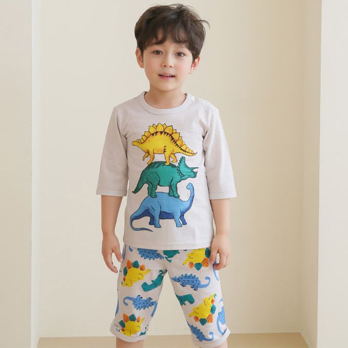 正韓 Puco - 超優質嬰幼兒/兒童七分袖100% 有機純棉家居服/睡衣-恐龍疊疊樂
