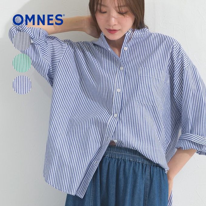 日本 OMNES - 純棉 俐落條紋寬鬆感立領襯衫-黑