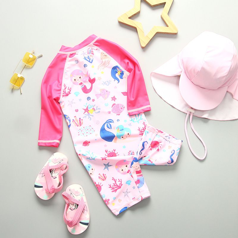 女寶防曬長袖連身泳裝套裝(附帽子)-美人魚-粉色