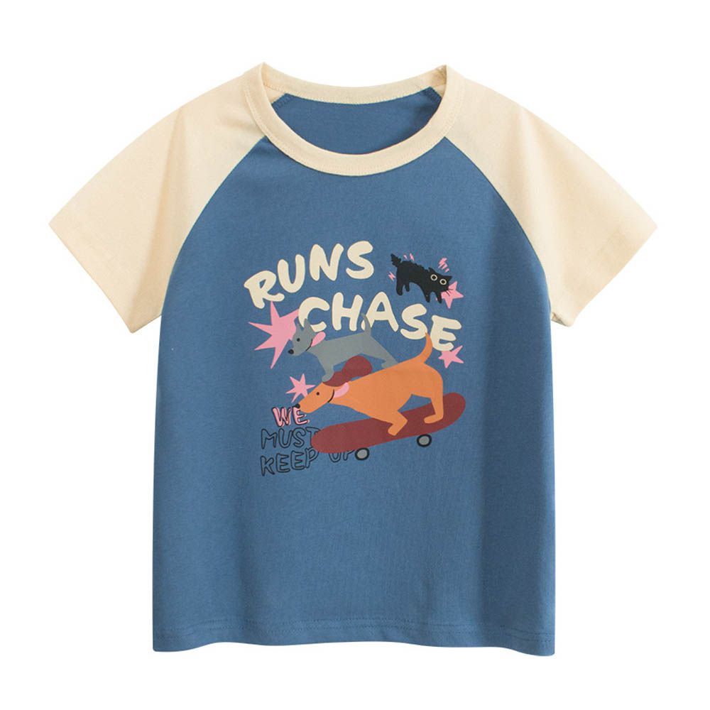 純棉短袖上衣-滑板狗狗-藍/米杏