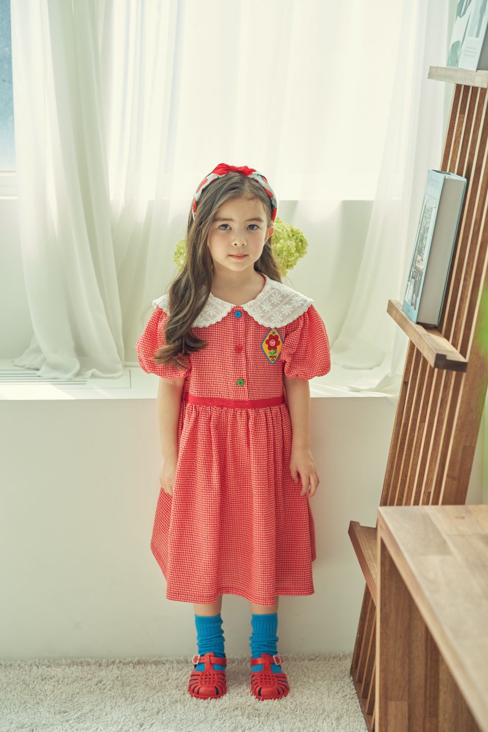 韓國 Mimico - 蕾絲花朵領小格子洋裝