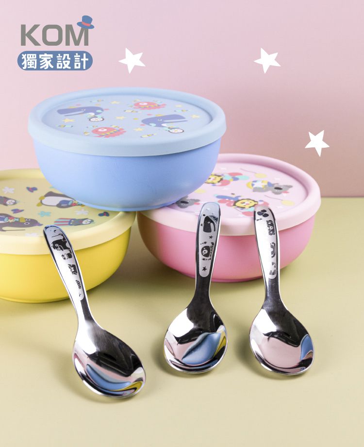 KOM - 316不鏽鋼兒童平底匙-6入組-鯨魚-藍