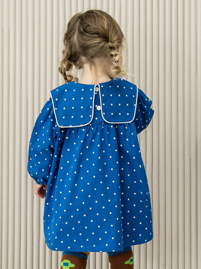 韓國 Pimpollo - 滿版圓點方形翻領連身洋裝-寶藍