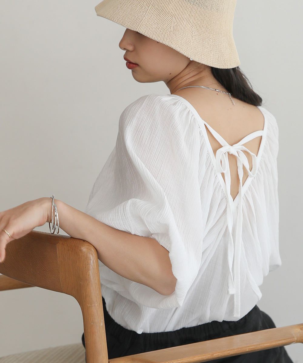 日本 Bab - 嫘縈後綁帶氣球袖上衣-咖啡