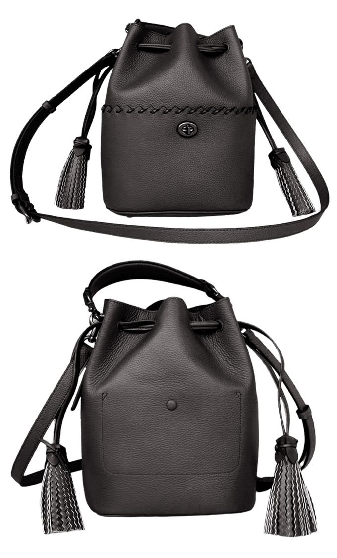 COACH - 流蘇素面皮革水桶包-黑