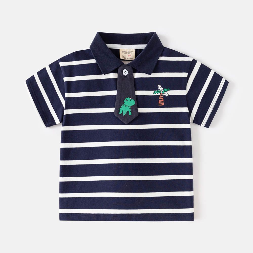 休閒翻領短袖上衣-恐龍領帶-藏青條紋