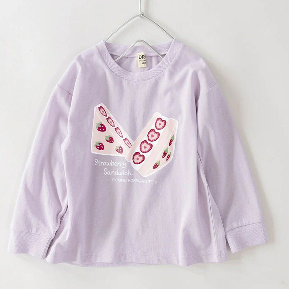 100%棉 可愛女孩印花長袖上衣-草莓三明治-淺紫