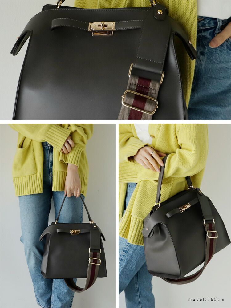 日本代購 - 時尚寬帶金釦2WAY肩背/手提包-復古藍 (M(約26x30cm))