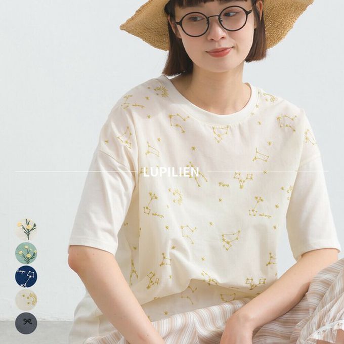 日本 Lupilien - 唯美刺繡舒適棉短袖上衣-花卉-米白