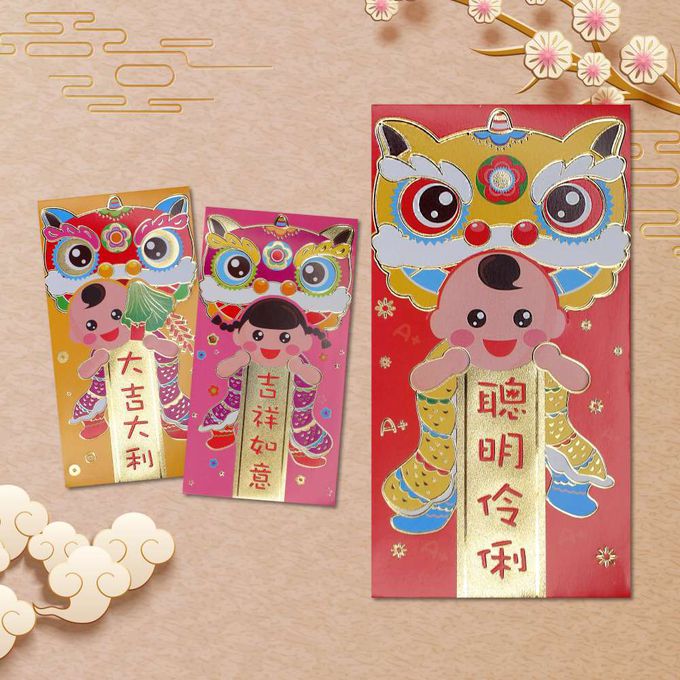 MODACore 摩達客 - ◉春節開運招財◉高級燙金彩色翻蓋舞獅千元紅包袋六入組(三色各二)