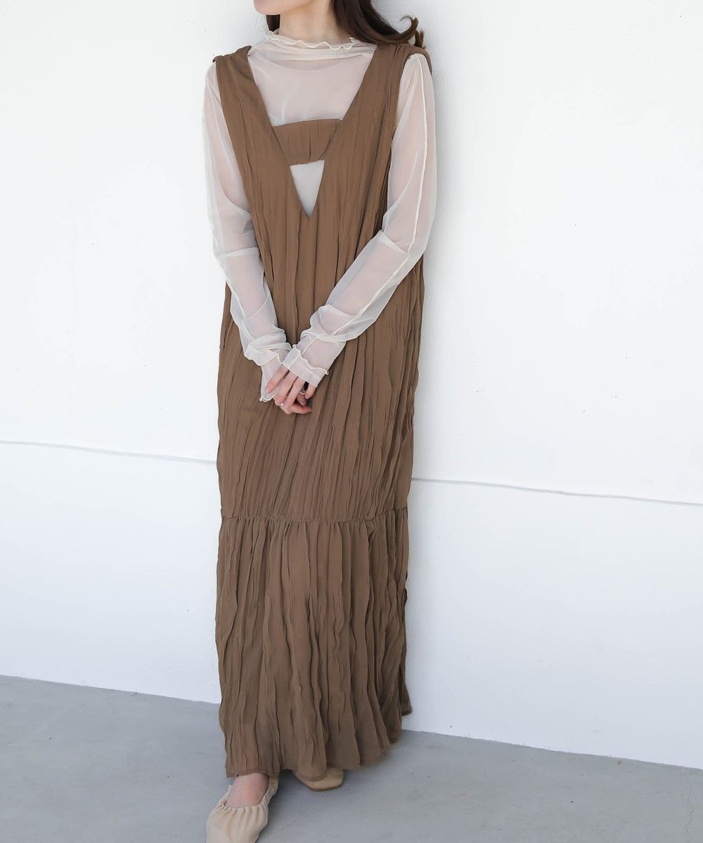 日本 Bab - V領浪漫飄逸無袖洋裝-米杏