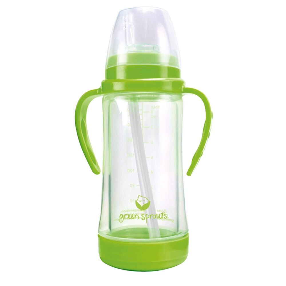 美國 green sprouts 小綠芽 - 小綠芽多用途雙層玻璃奶瓶/水瓶 236ML—外層保護玻璃瓶-草綠色