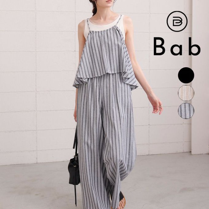 日本 Bab - 簡潔舒適混棉細肩帶長褲套裝-條紋-卡其杏 (M)