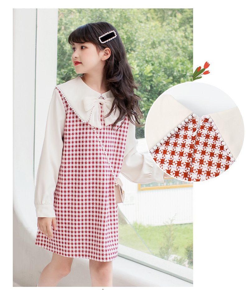 娃娃領泡泡袖格子洋裝-贈小包包-紅+白