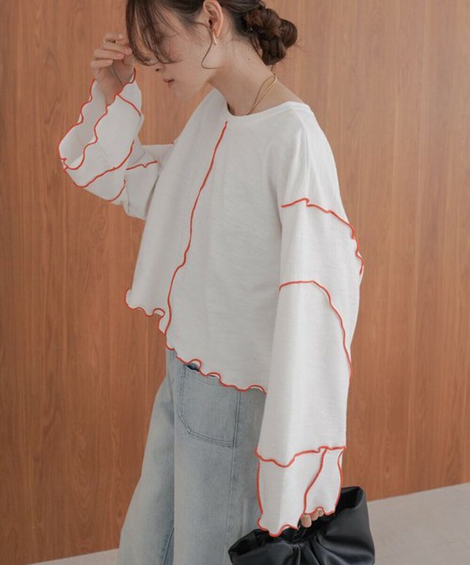 日本 Bab - 活力跳色感木耳邊大寬袖上衣-白x橘