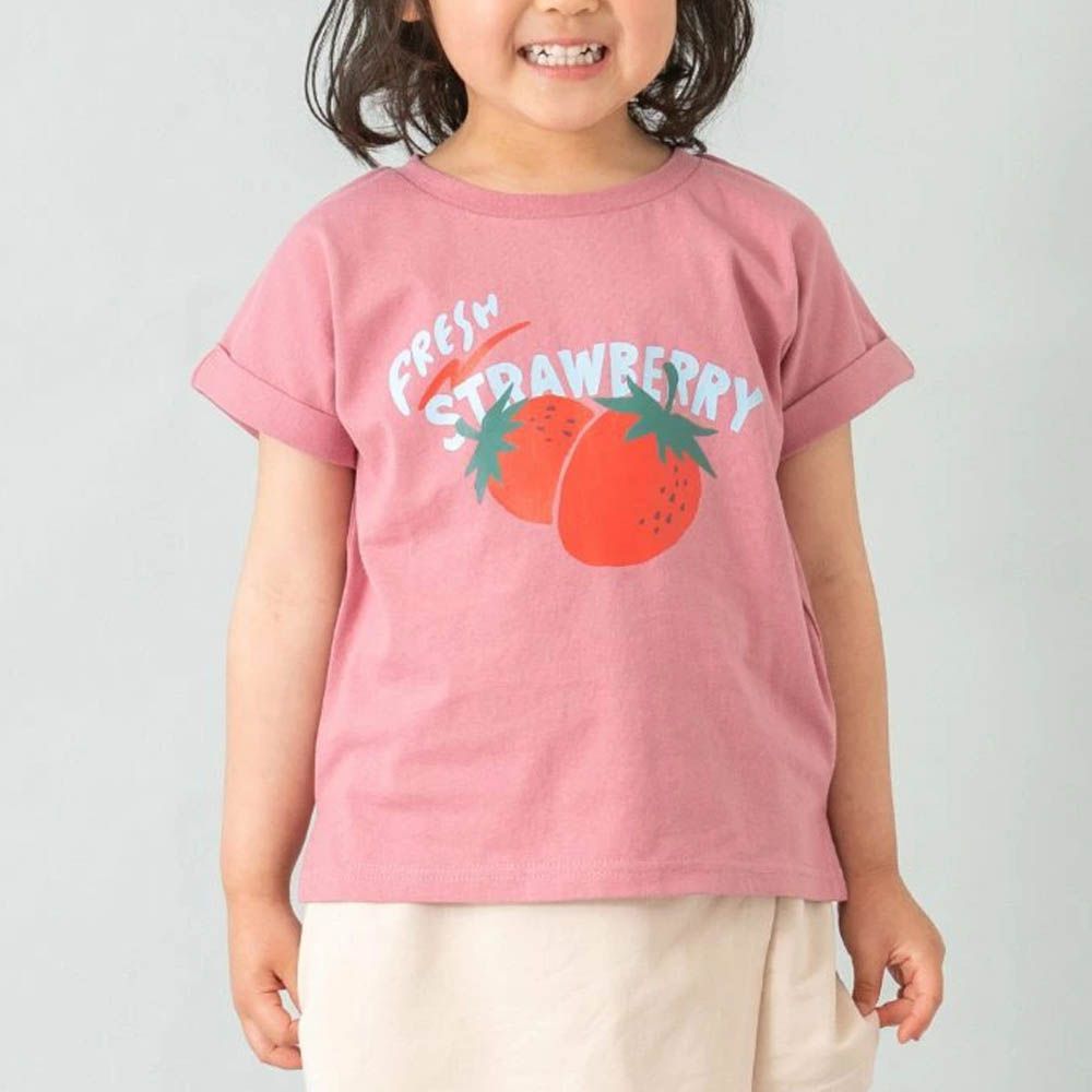100%棉 開衩印花短袖上衣-新鮮草莓-粉紅