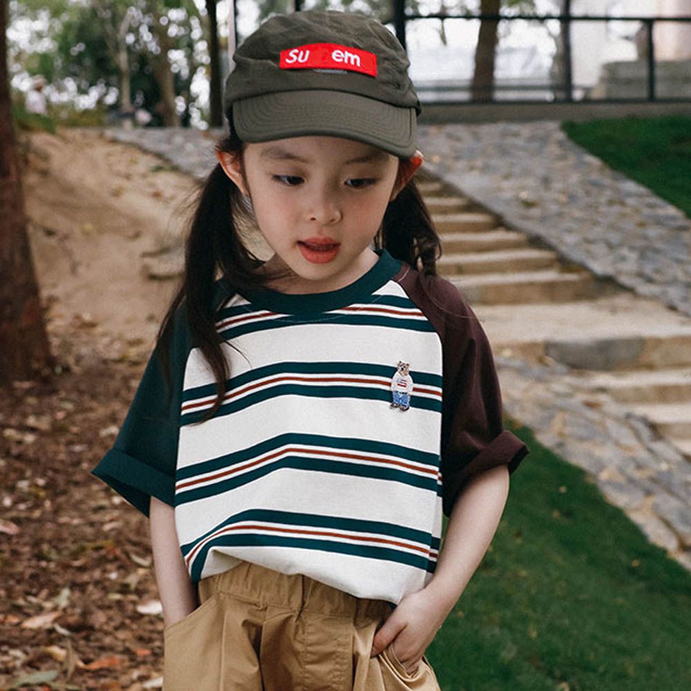 純棉圓領短袖上衣-撞色拼袖條紋-米x綠