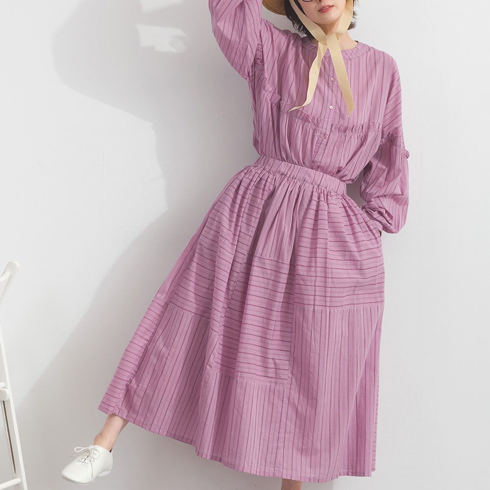 印度棉 交錯線條唯美緹花長裙-玫粉紅