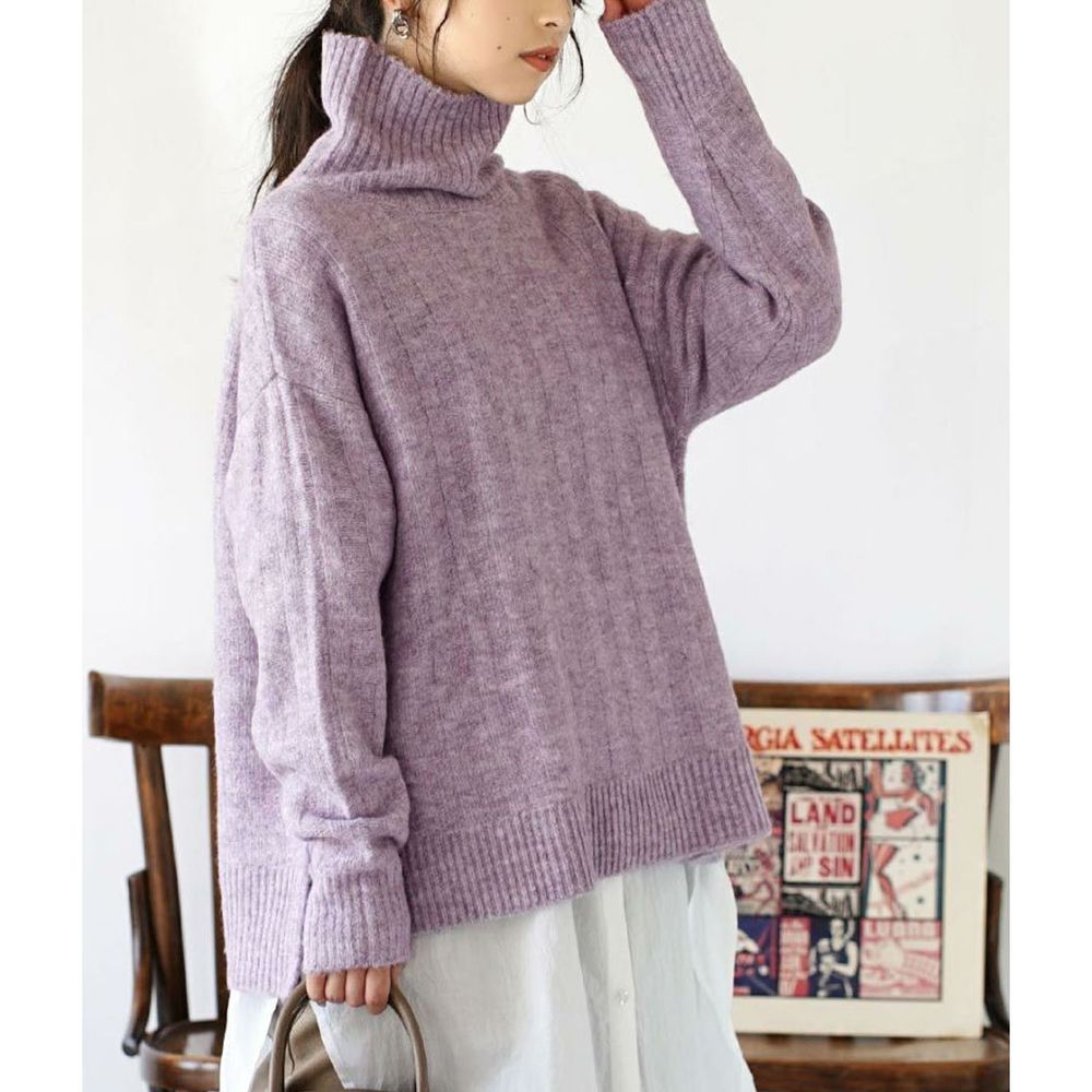 日本 zootie - 立體粗羅紋高領柔軟毛衣-紫