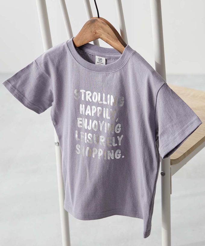 日本 devirock - 100%棉 閃亮金屬印花短袖上衣-愛心標語-淺紫