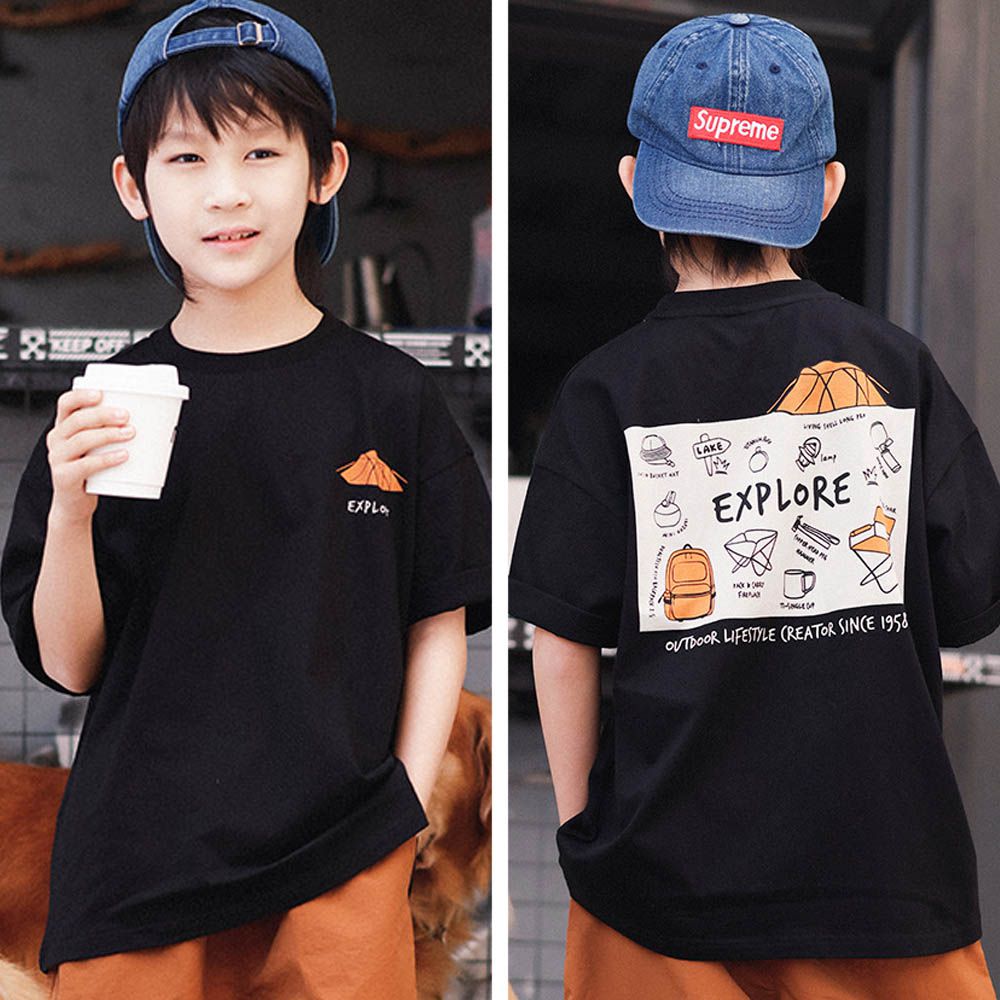 純棉圓領短袖上衣-露營探索-黑色