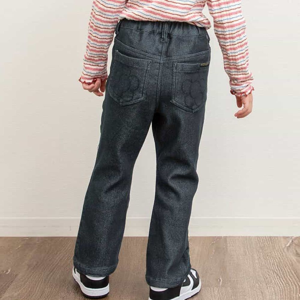 花朵口袋內刷毛美型小喇叭長褲-黑