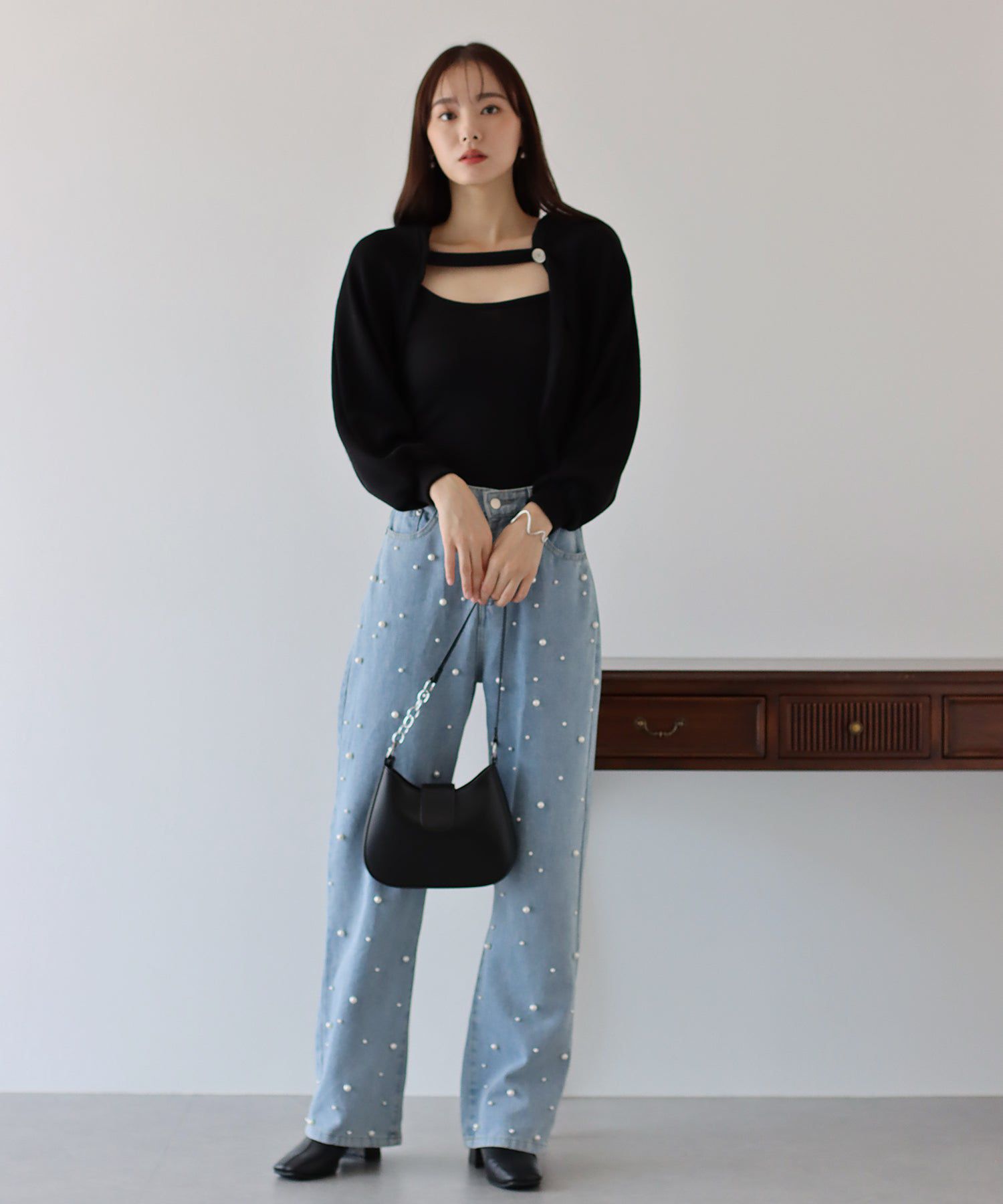 日本 BLUE EAST - 羅紋針織內搭x短版外套兩件組-黑