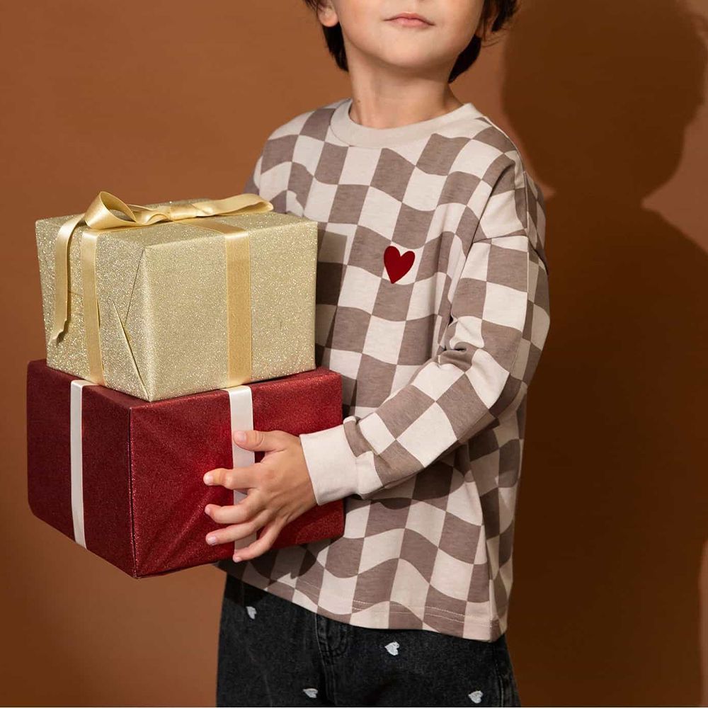 甜蜜變奏系列 純棉長袖上衣-棋盤格愛心-卡其