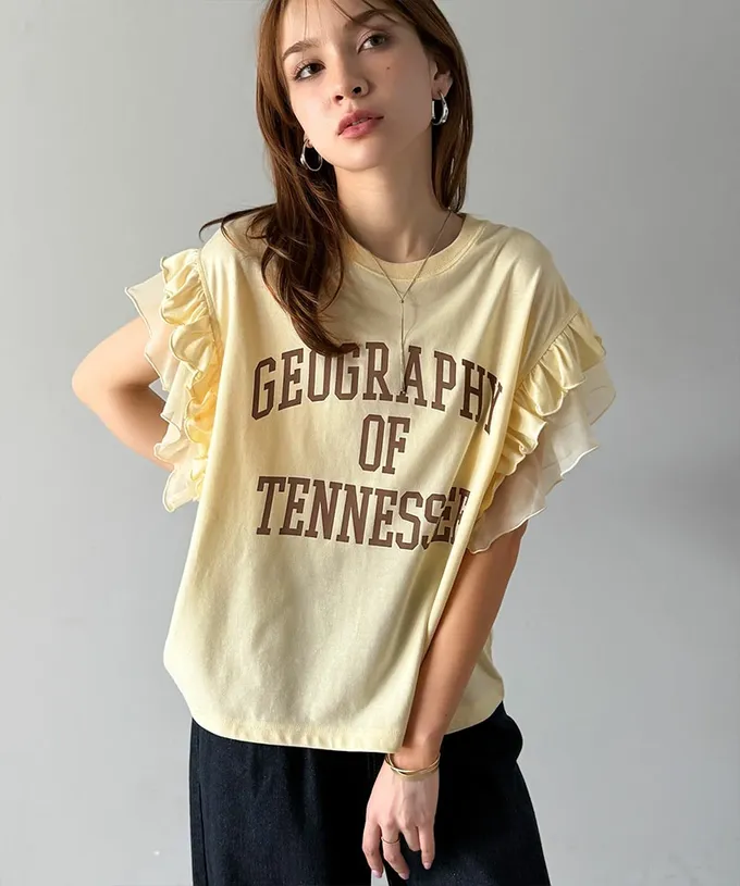 日本 Classical Elf - mily bilet 可愛學院風雙層荷葉短袖上衣-淺黃