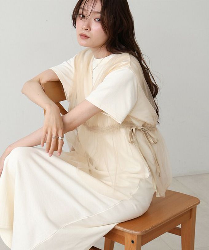 日本 Bab - 層次設計感薄紗拼接短袖洋裝-黑