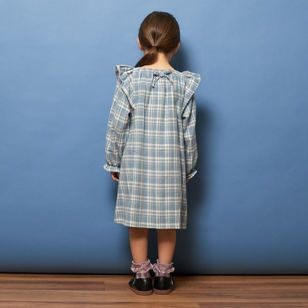 日本 Lycee mine - 法蘭絨浪漫細節長袖洋裝-卡其格紋