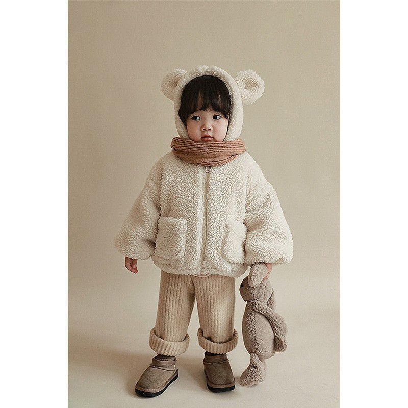 加厚連帽羊羔絨兒童造型外套-熊熊耳朵-米白色