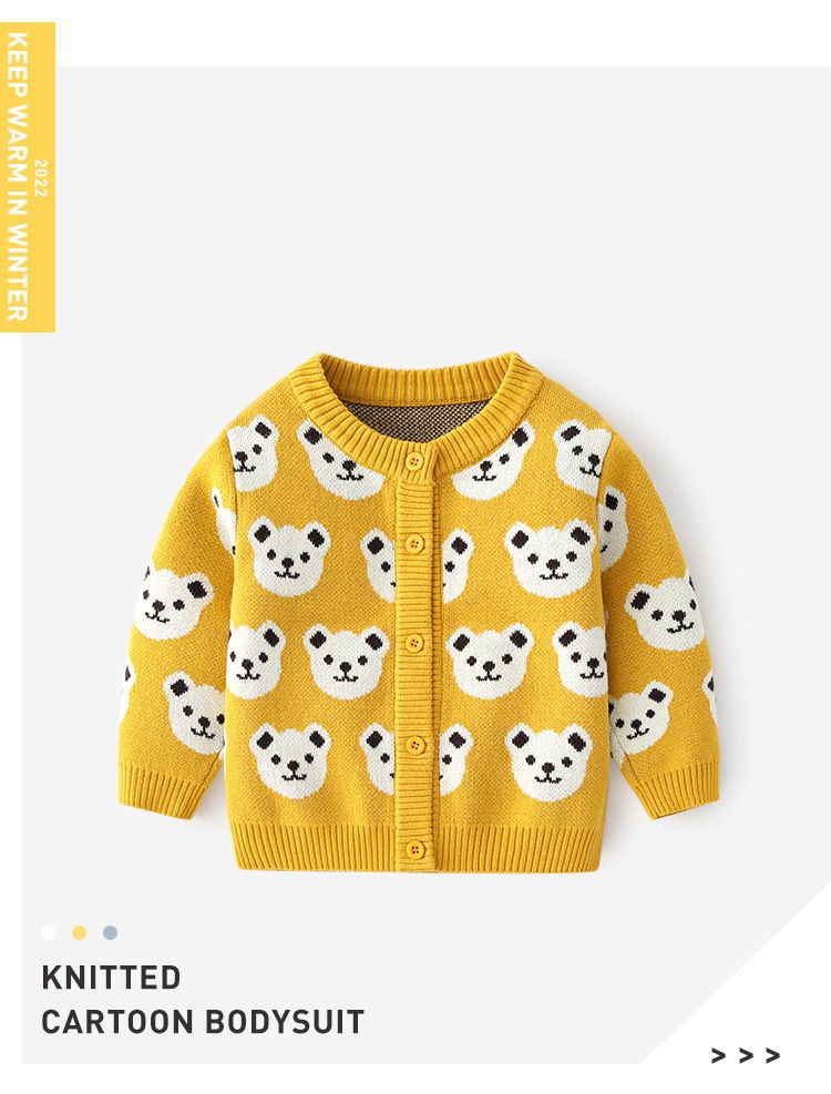 舒適圓領提花針織外套-滿版熊熊-米杏色